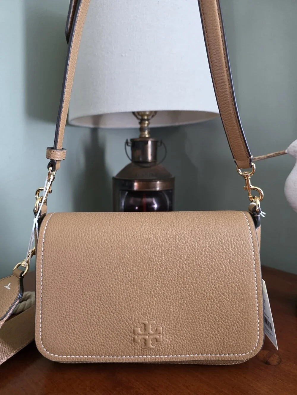 Tory Burch Thea Flap Crossbody Tiramisu Pebbled Leather Bag NWT